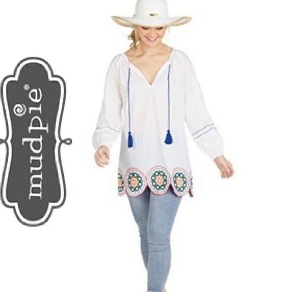 Mud pie White Blue Embroidered V-Neck Monaco Tunic top coverup Size Small NWT - Picture 1 of 12
